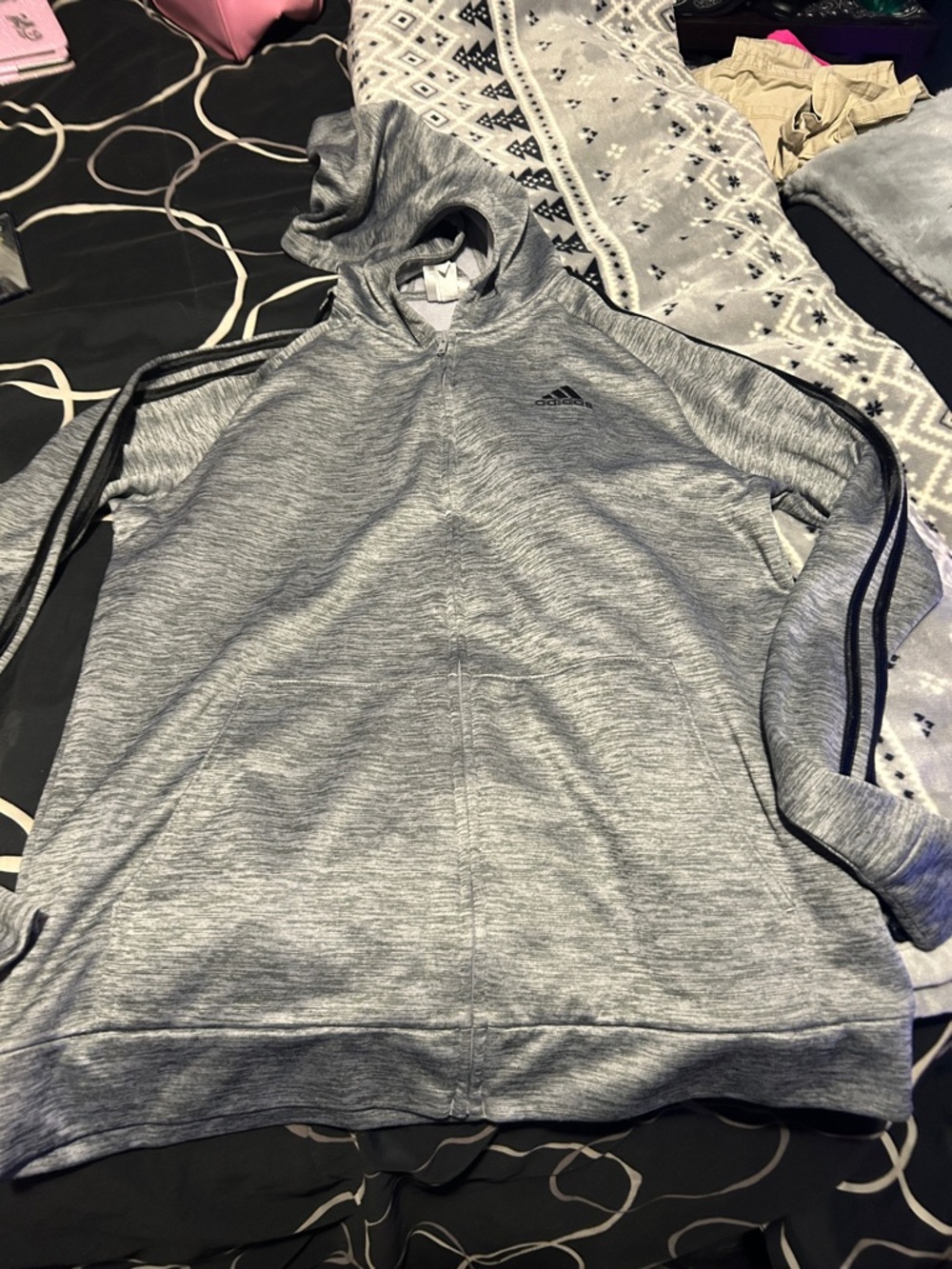 adidas Heather Gray Full-Zip Hooded Jacket with Black Stripe Accents